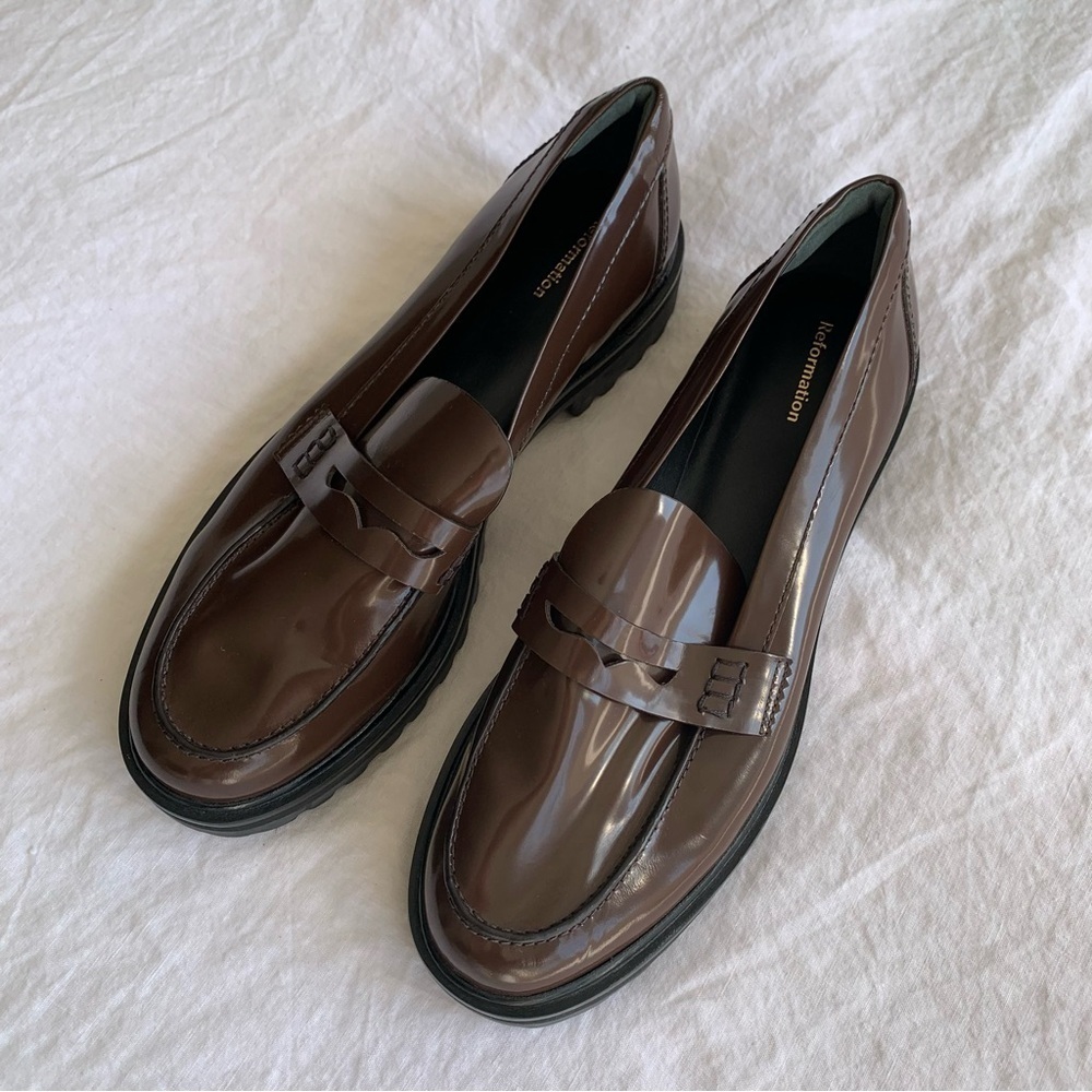 Reformation Agathea Chunky Loafer Leather Patent Shiny Platform Shoes Espresso - Picture 4 of 12